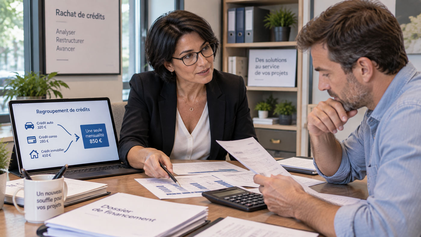 Conseillère analysant avec un client plusieurs crédits et leurs mensualités afin d’étudier une solution de regroupement de crédits.