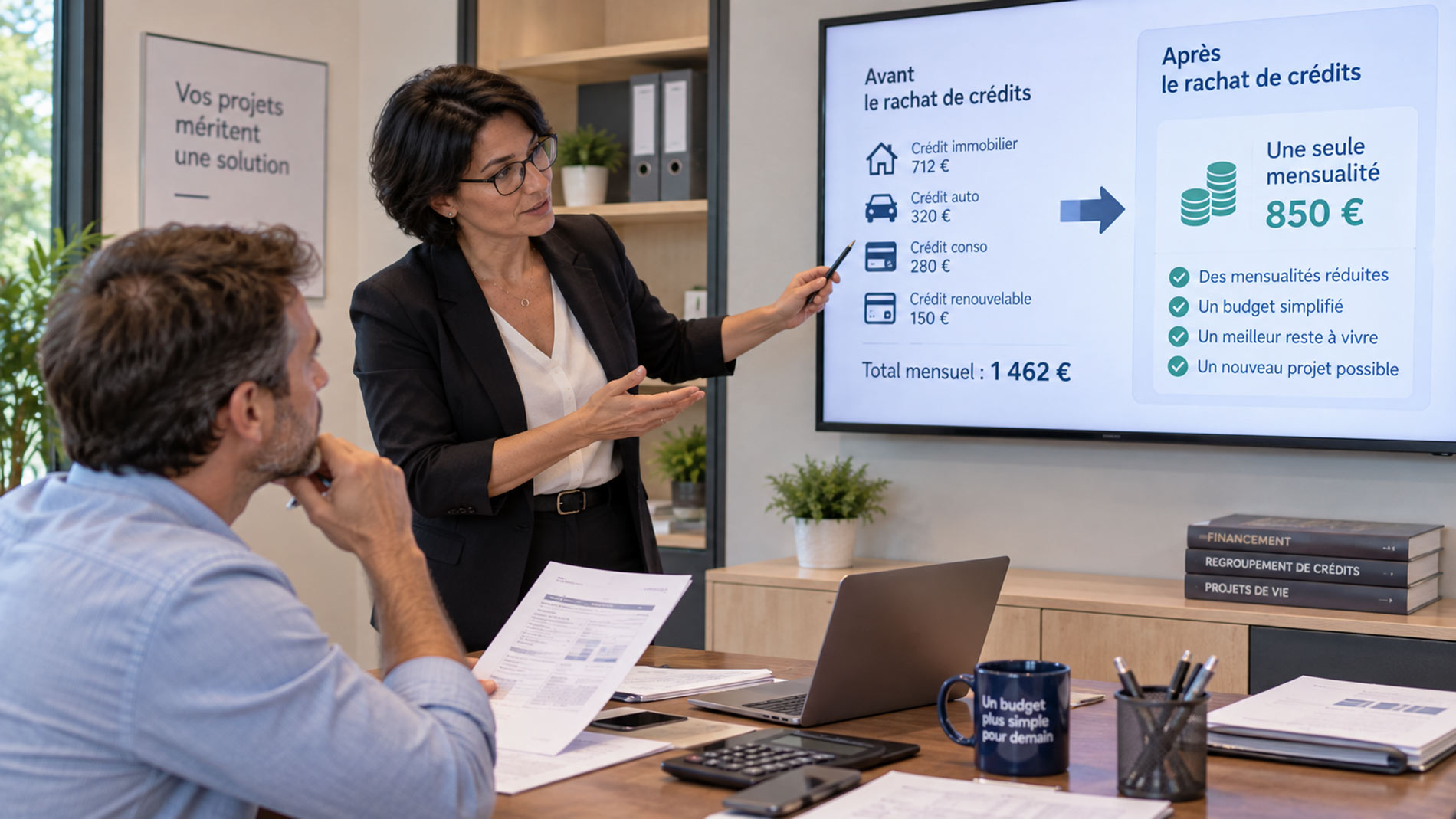 Conseillère présentant à un client une simulation avant et après rachat de crédits afin de comparer les mensualités et le reste à vivre.