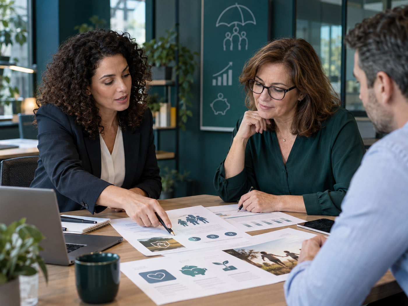 Conseillère en assurance échangeant avec une responsable RH sur la protection sociale, la prévoyance et l’épargne salariale des collaborateurs.