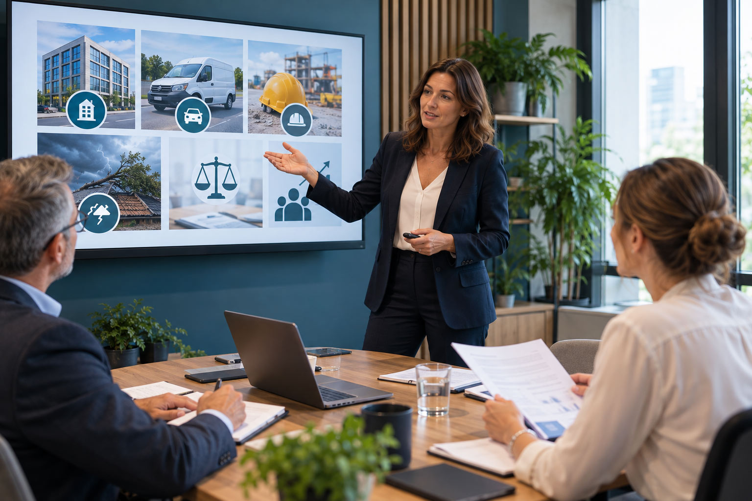 Conseillère en assurance présentant à des professionnels les principaux risques à couvrir en entreprise : locaux, véhicules, responsabilité et protection juridique.
