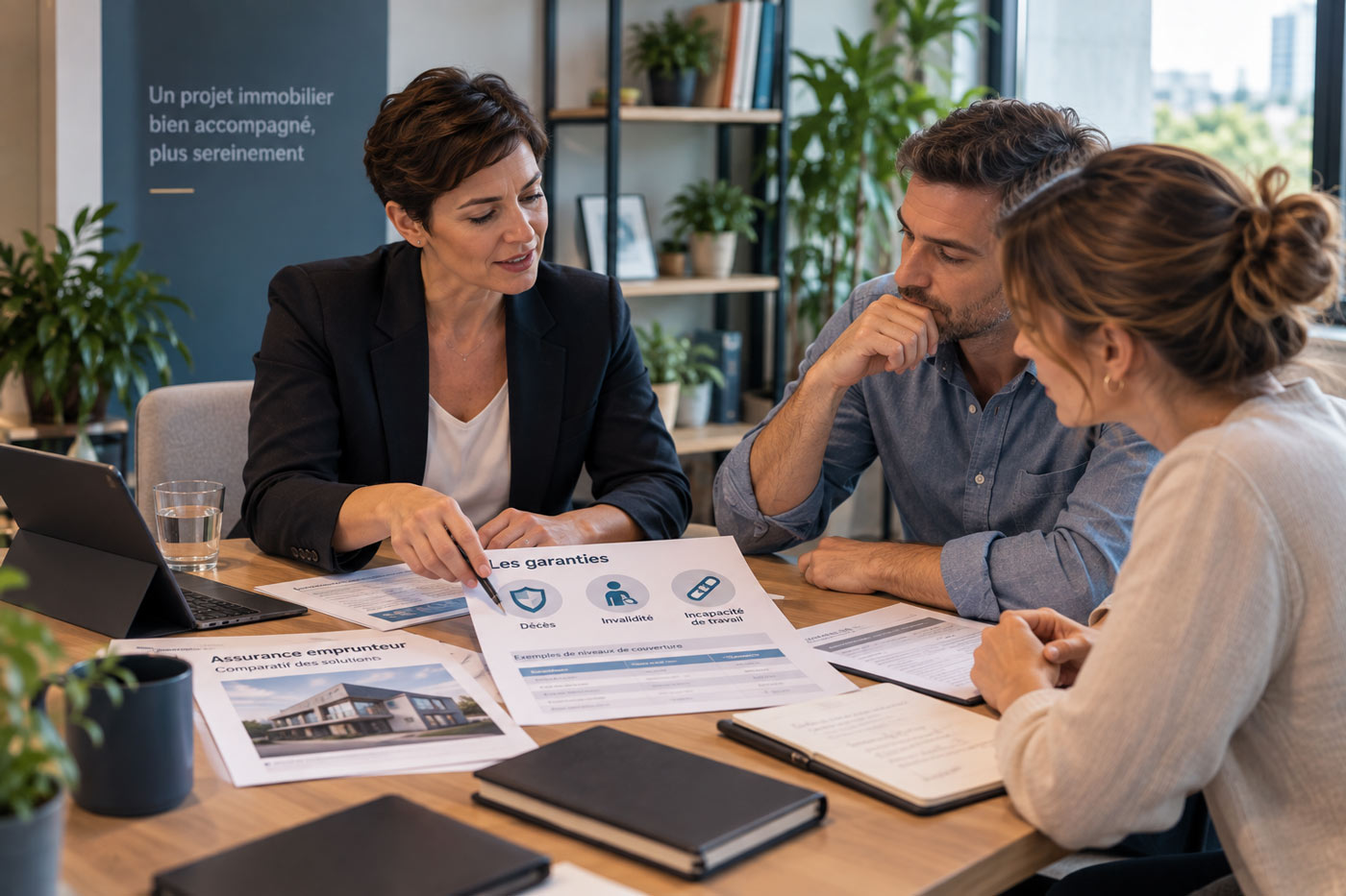Conseillère en assurance expliquant à un couple les principales garanties d’une assurance emprunteur dans le cadre d’un projet immobilier.