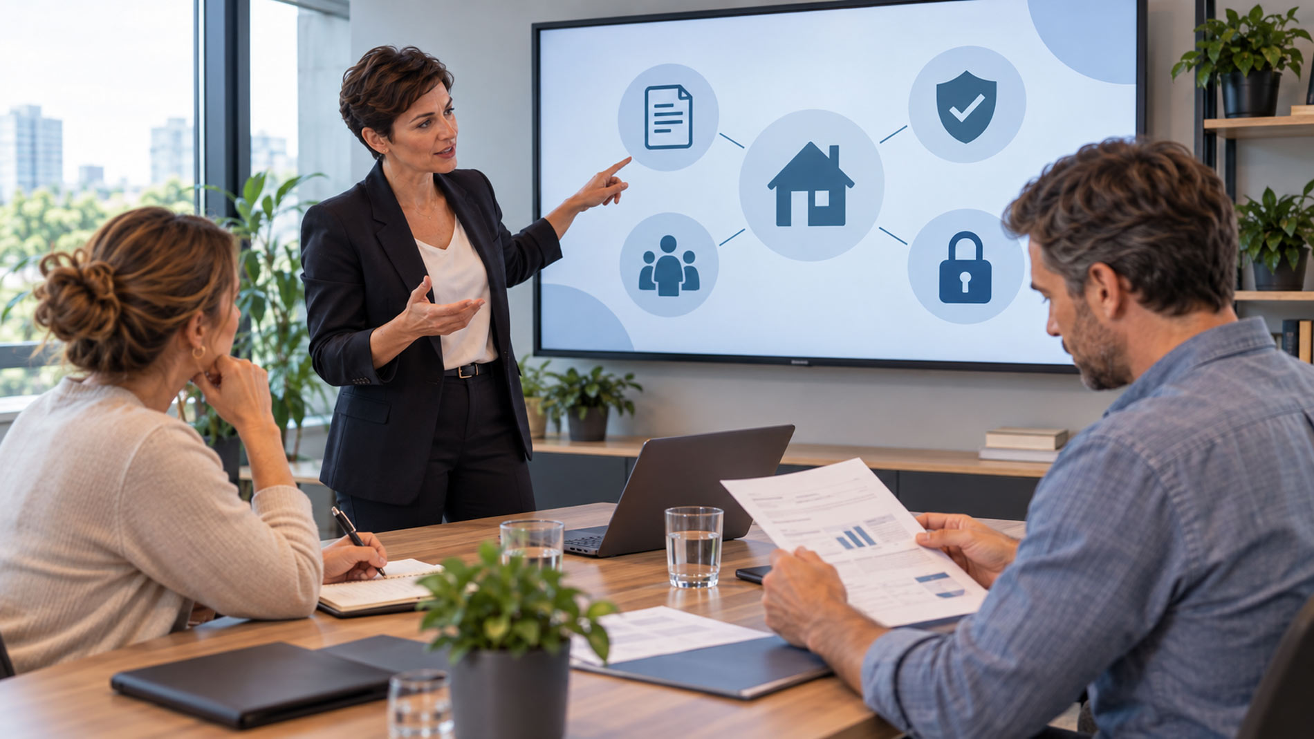 Conseillère présentant à un couple les liens entre assurance emprunteur, garanties du prêt immobilier et protection des données personnelles.