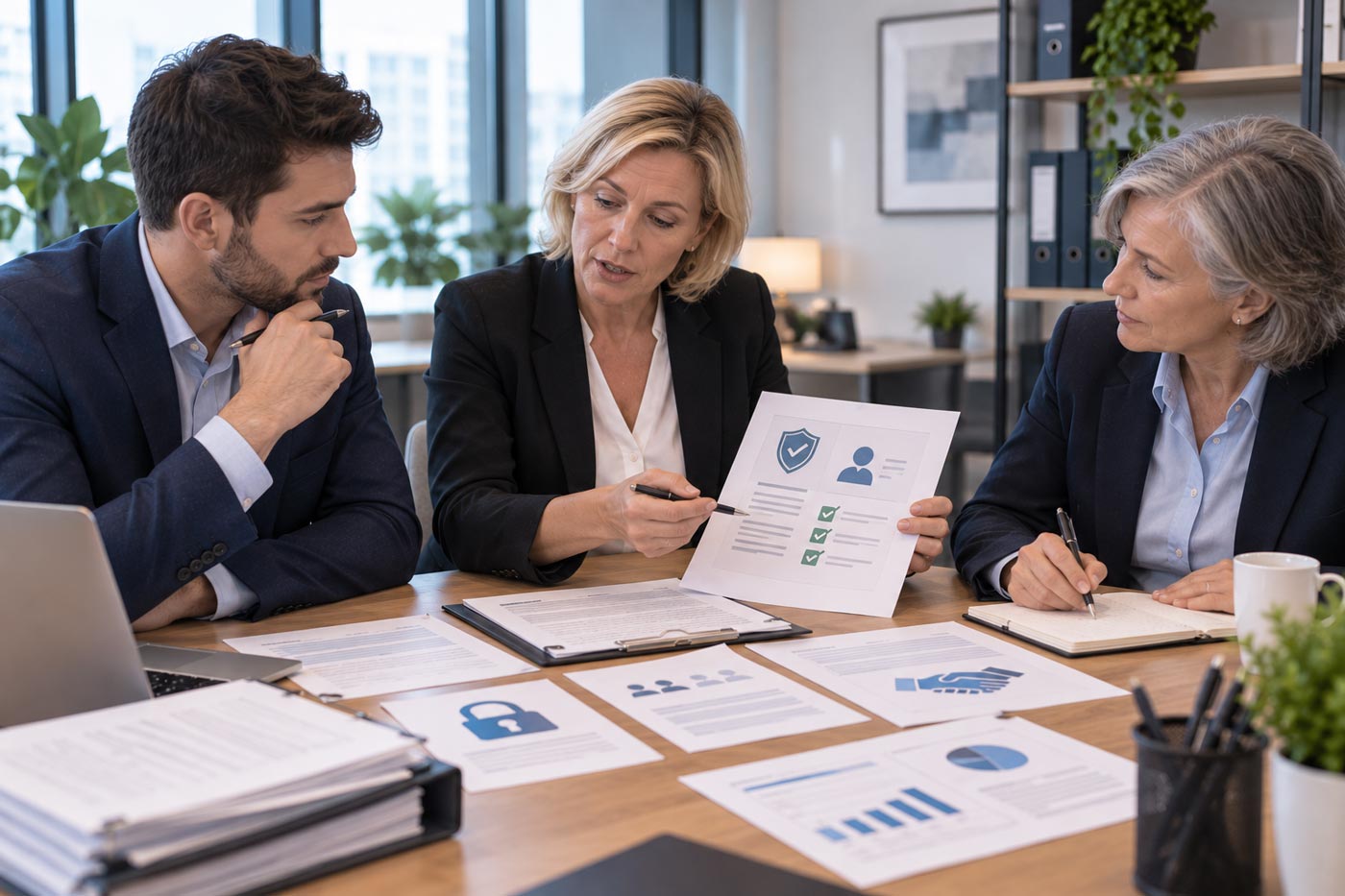 Responsable conformité analysant avec deux professionnels un dossier client afin de vérifier les obligations réglementaires et sécuriser le conseil en assurance.