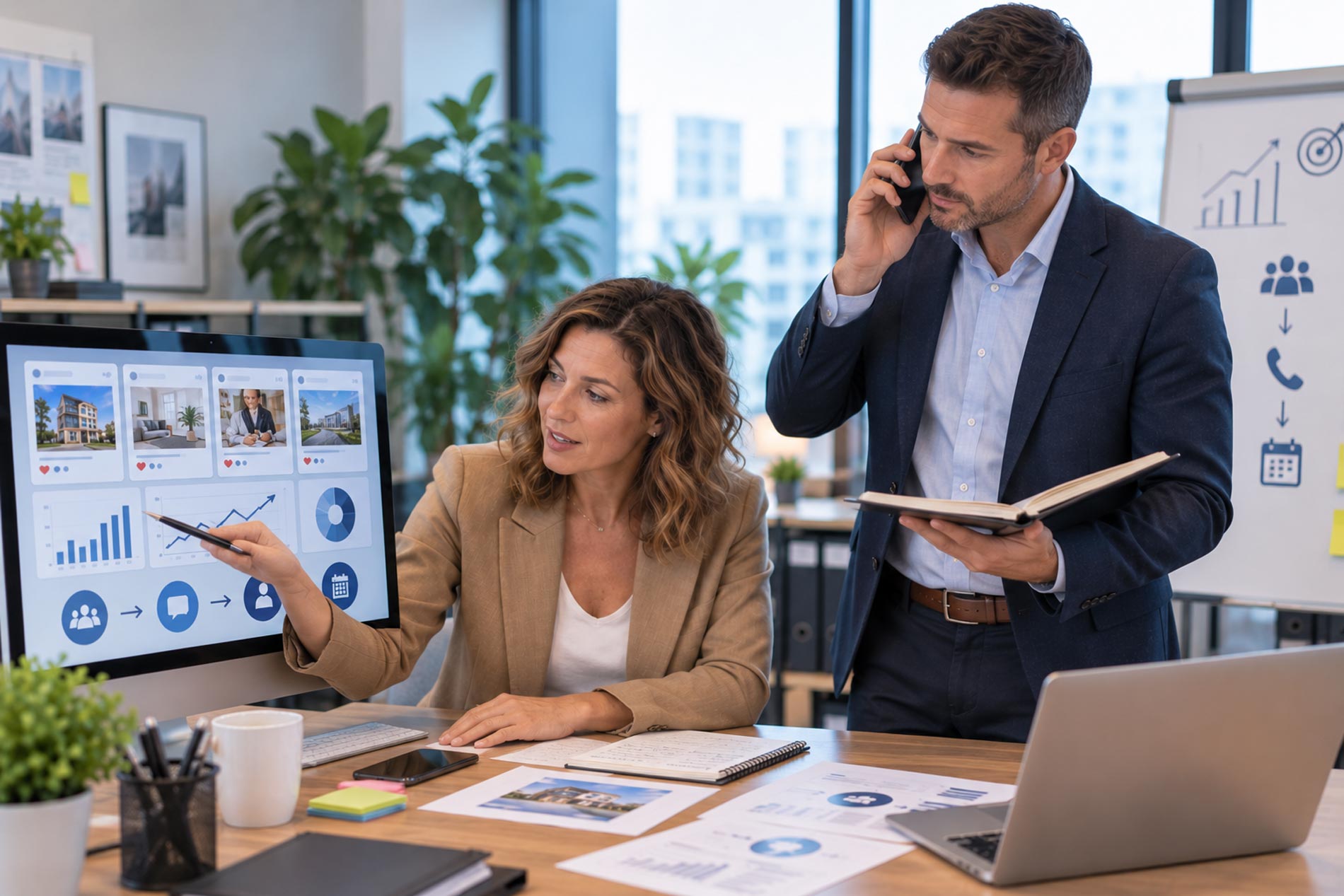 Commercial en appel avec un prospect pendant qu’une responsable communication analyse les performances des contenus sur les réseaux sociaux.