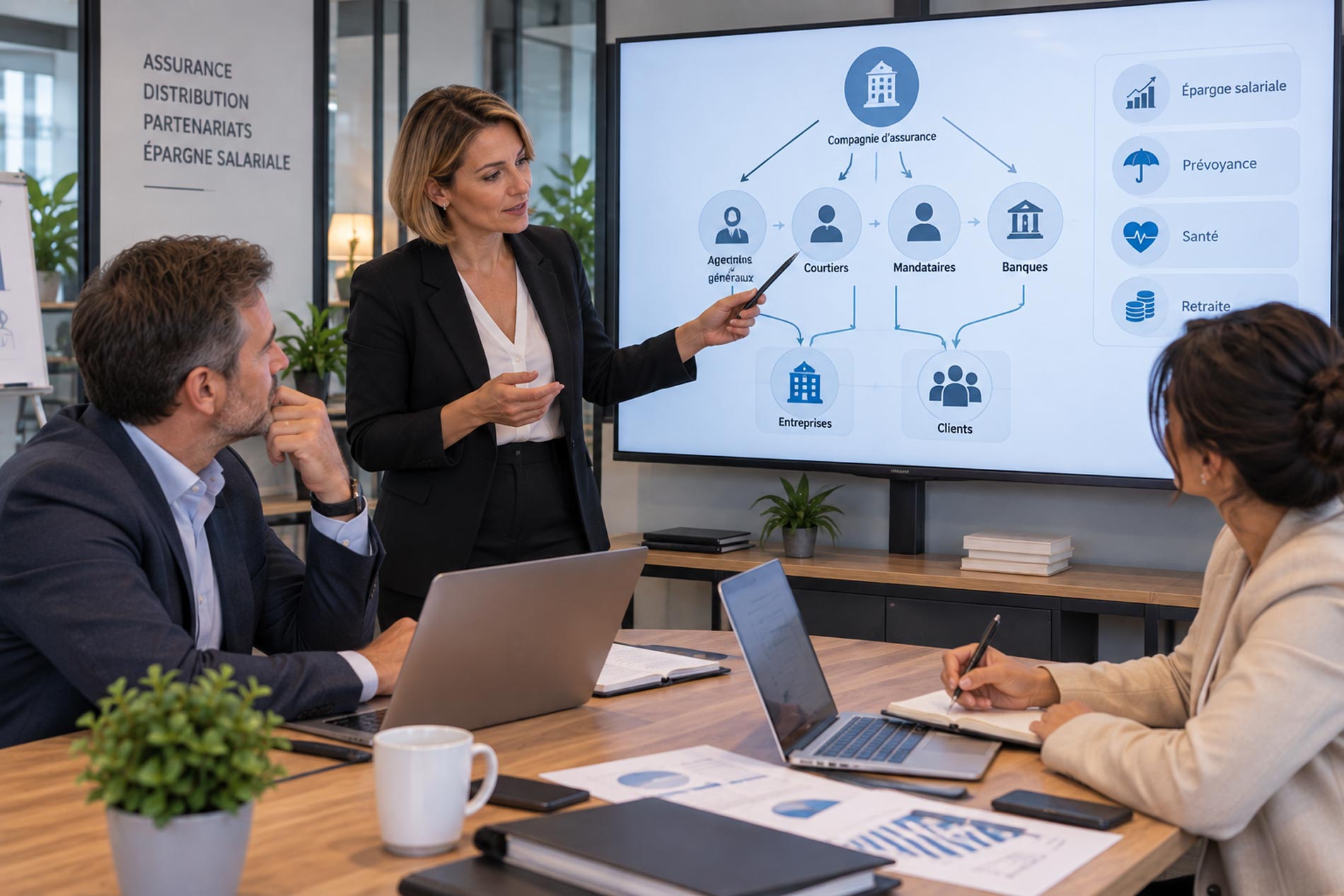 Courtière présentant à deux professionnels l’organisation d’un réseau de distribution d’assurance entre compagnies, intermédiaires, entreprises et clients.