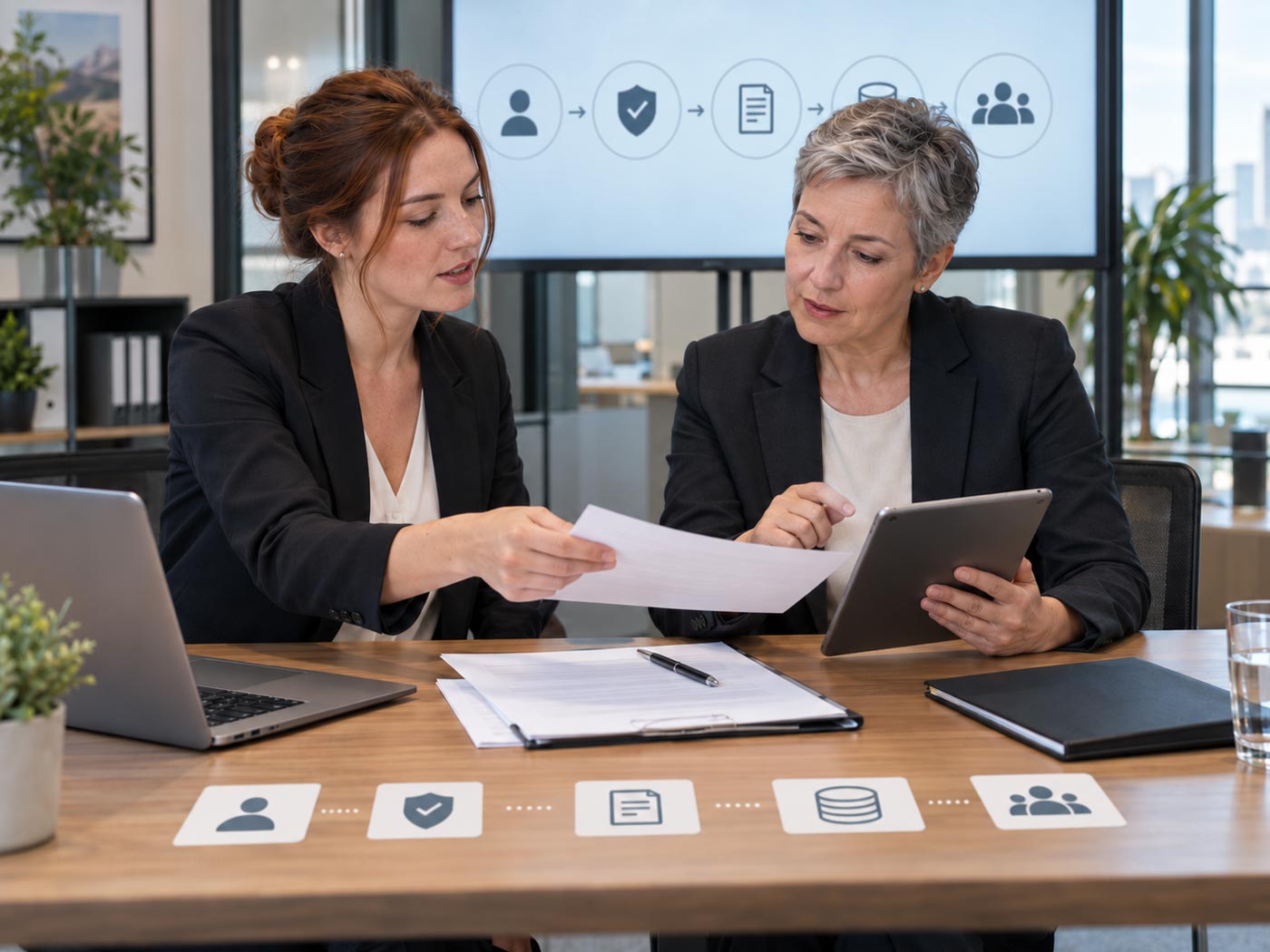 Responsable conformité et courtière vérifiant ensemble les documents et critères nécessaires à l’intégration d’un nouveau partenaire dans un réseau de distribution d’assurance.