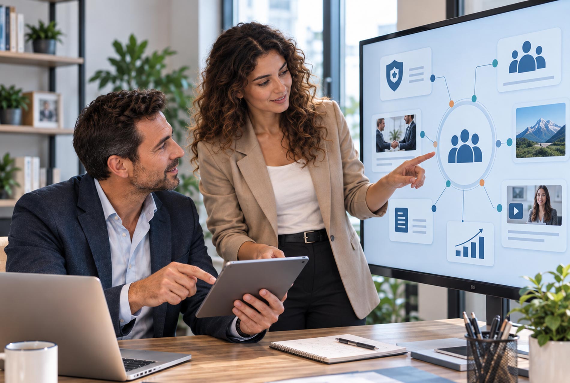 Responsable social media présentant à un responsable réseau la diffusion de contenus d’assurance vers une communauté de professionnels et de clients.
