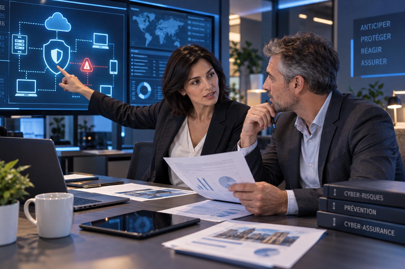 Professionnels de l’assurance analysant un risque cyber et les mesures de prévention à mettre en place face à une menace informatique.