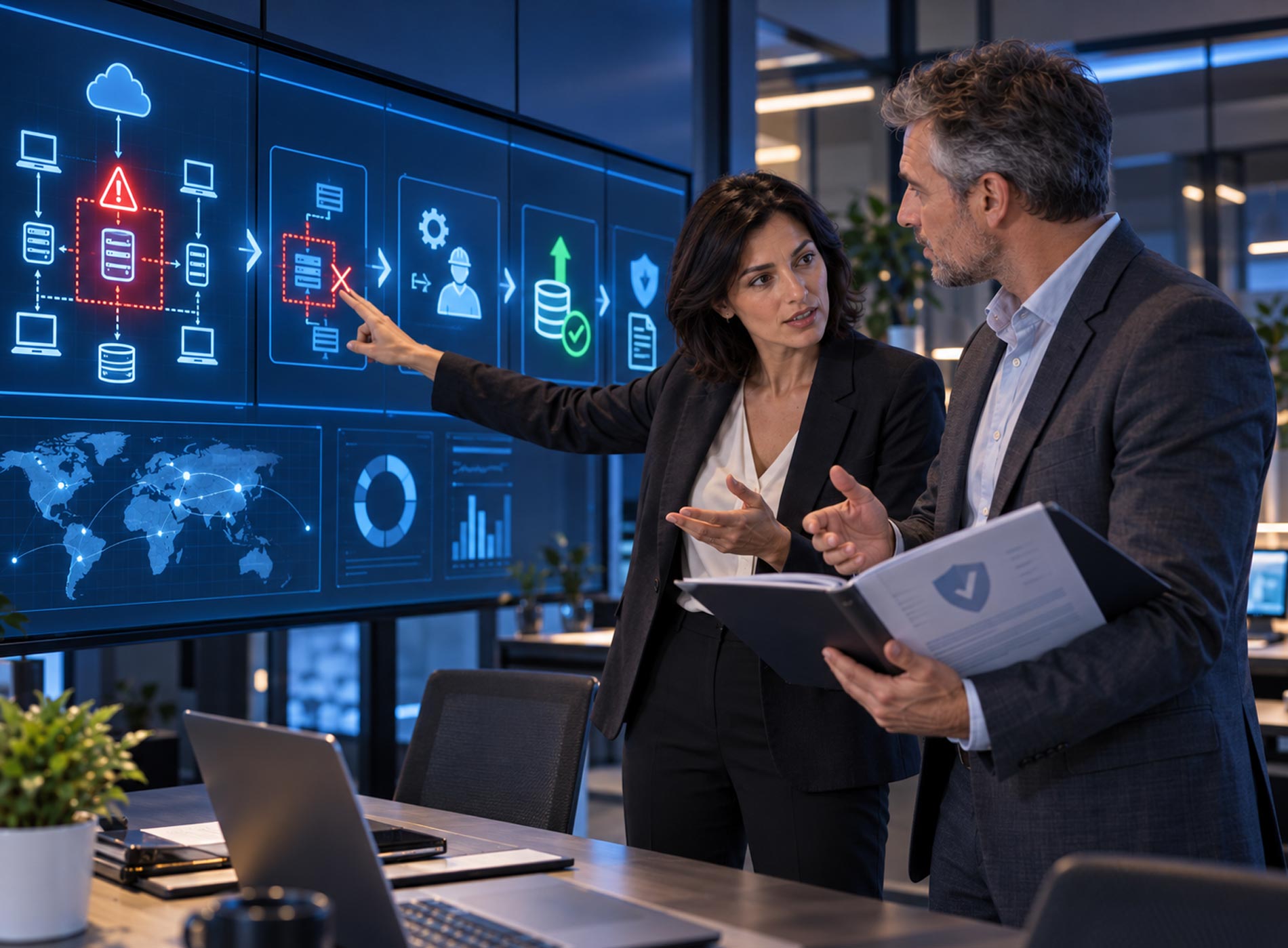Professionnels de l’assurance analysant un incident cyber et les étapes de détection, de réaction et de sécurisation du système d’information.