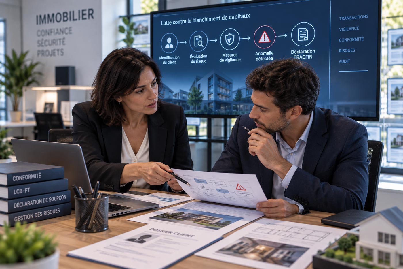 Responsable conformité et agent immobilier analysant un dossier client afin d’identifier un risque de blanchiment et d’appliquer les obligations de vigilance TRACFIN.
