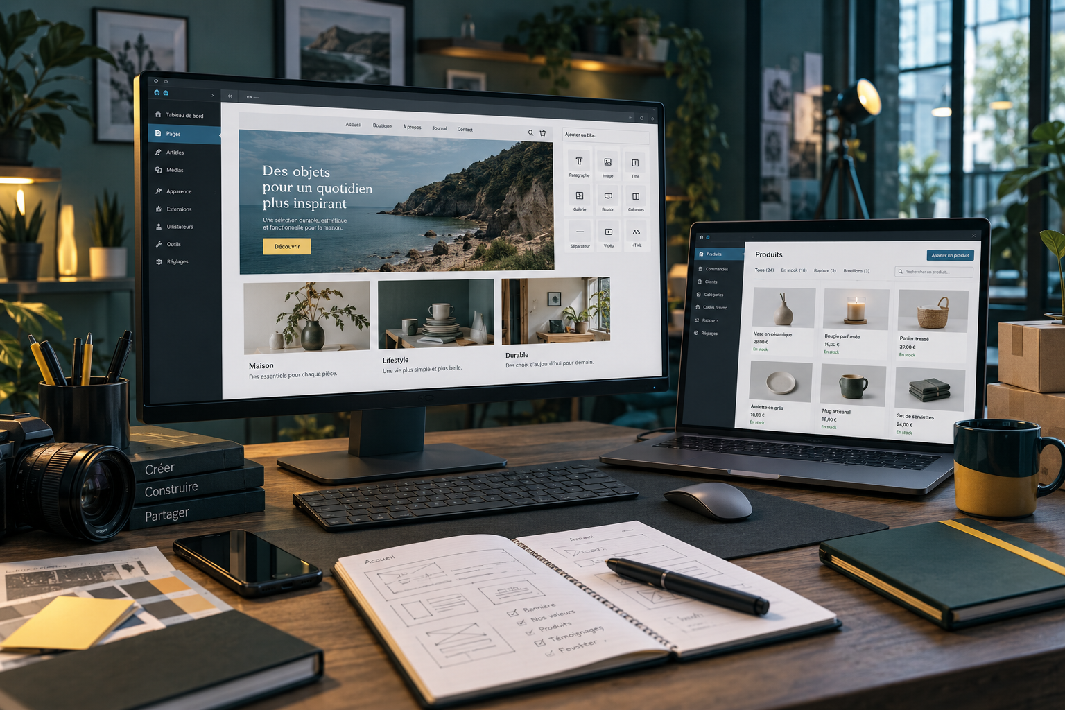 Bureau de création web avec WordPress ouvert sur un écran et WooCommerce sur un ordinateur portable pour concevoir un site et une boutique en ligne.