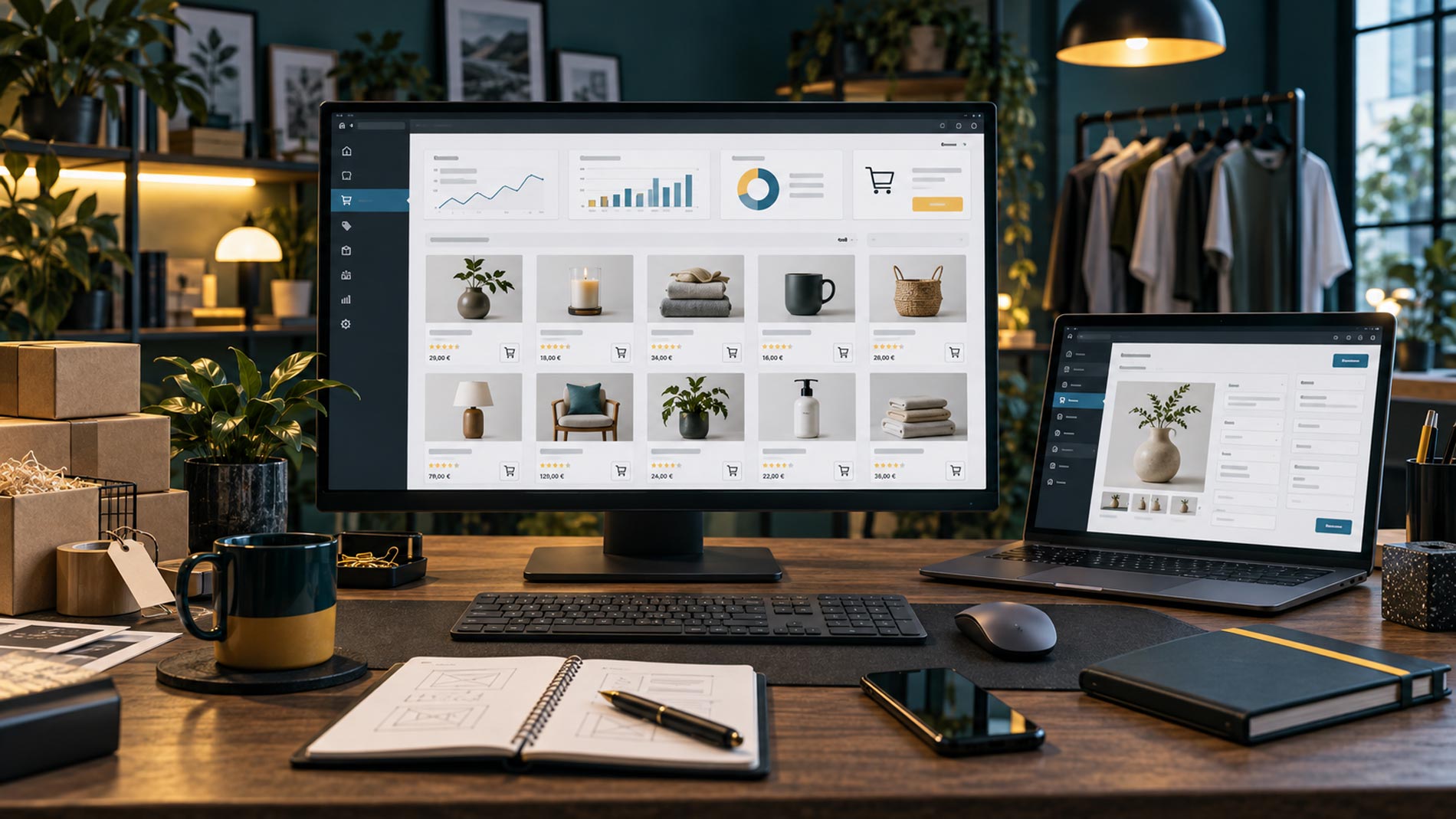 Bureau de création web avec interface WooCommerce affichée sur un grand écran et gestion de produit sur ordinateur portable pour illustrer la création d’une boutique en ligne