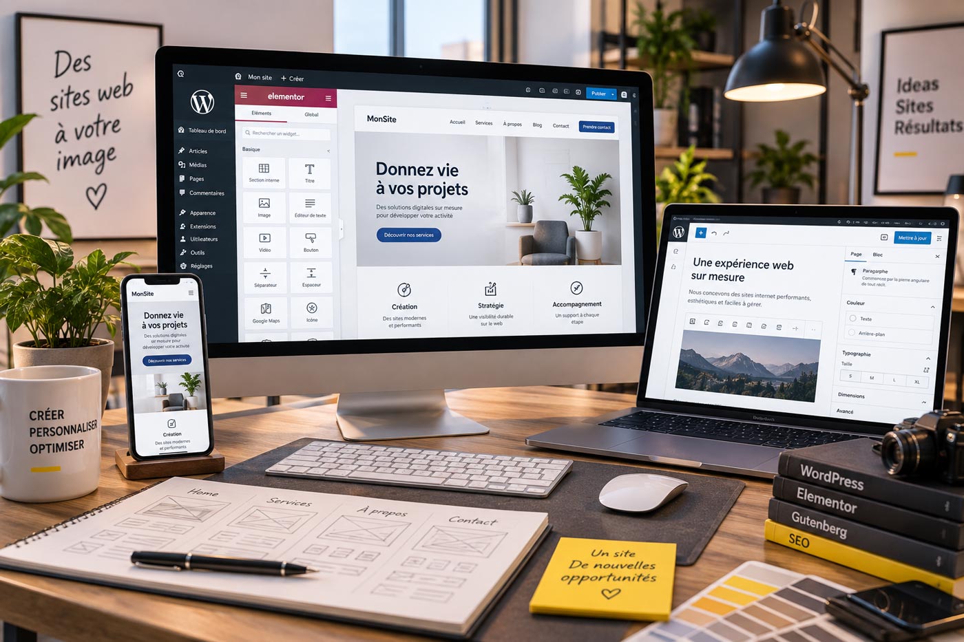 Bureau de création web avec WordPress et Elementor ouverts sur un grand écran, Gutenberg sur un ordinateur portable et aperçu responsive sur smartphone.