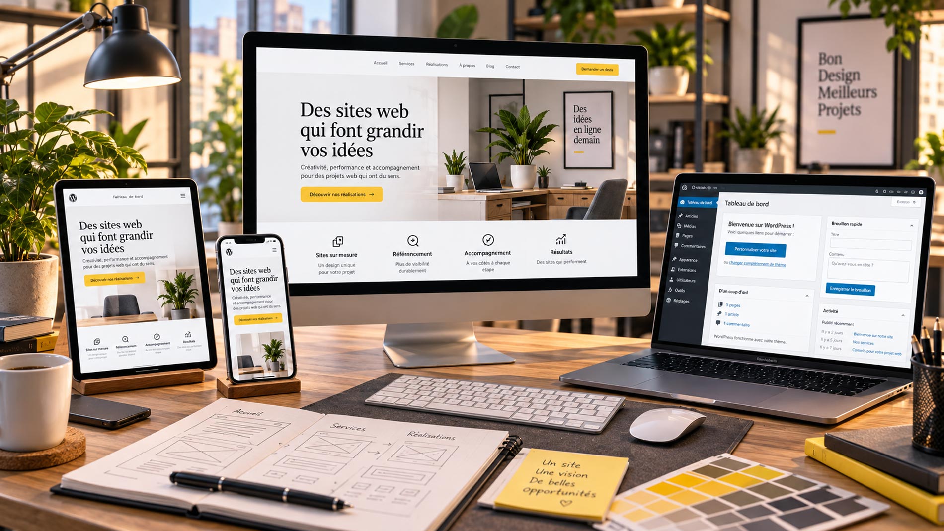 Bureau de création web avec aperçu d’un site WordPress sur ordinateur, tablette et smartphone, accompagné de l’interface d’administration du CMS.