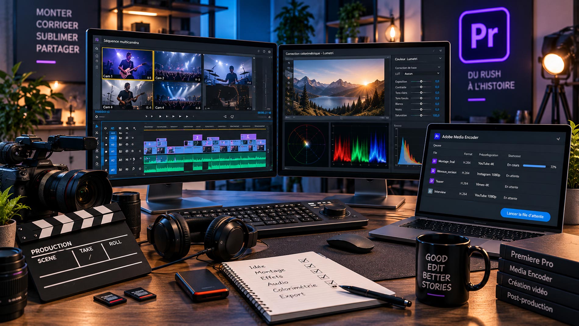 Studio de post-production avec Adobe Premiere Pro affichant un montage multicaméra, la colorimétrie Lumetri et l’export vidéo via Media Encoder.