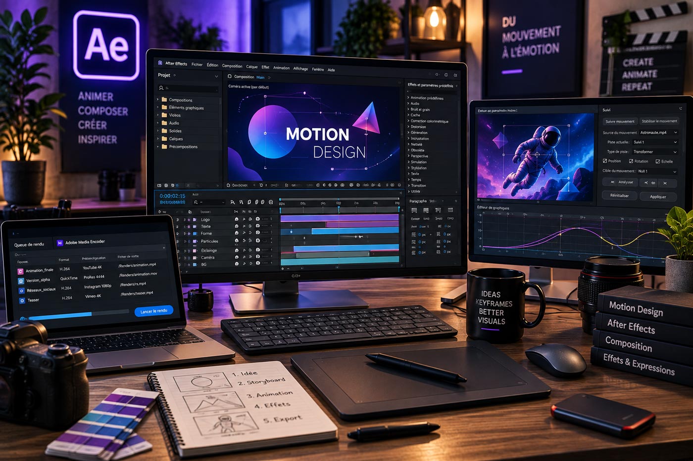 Studio de motion design avec Adobe After Effects affichant une composition animée, des images clés, du tracking et des effets graphiques.