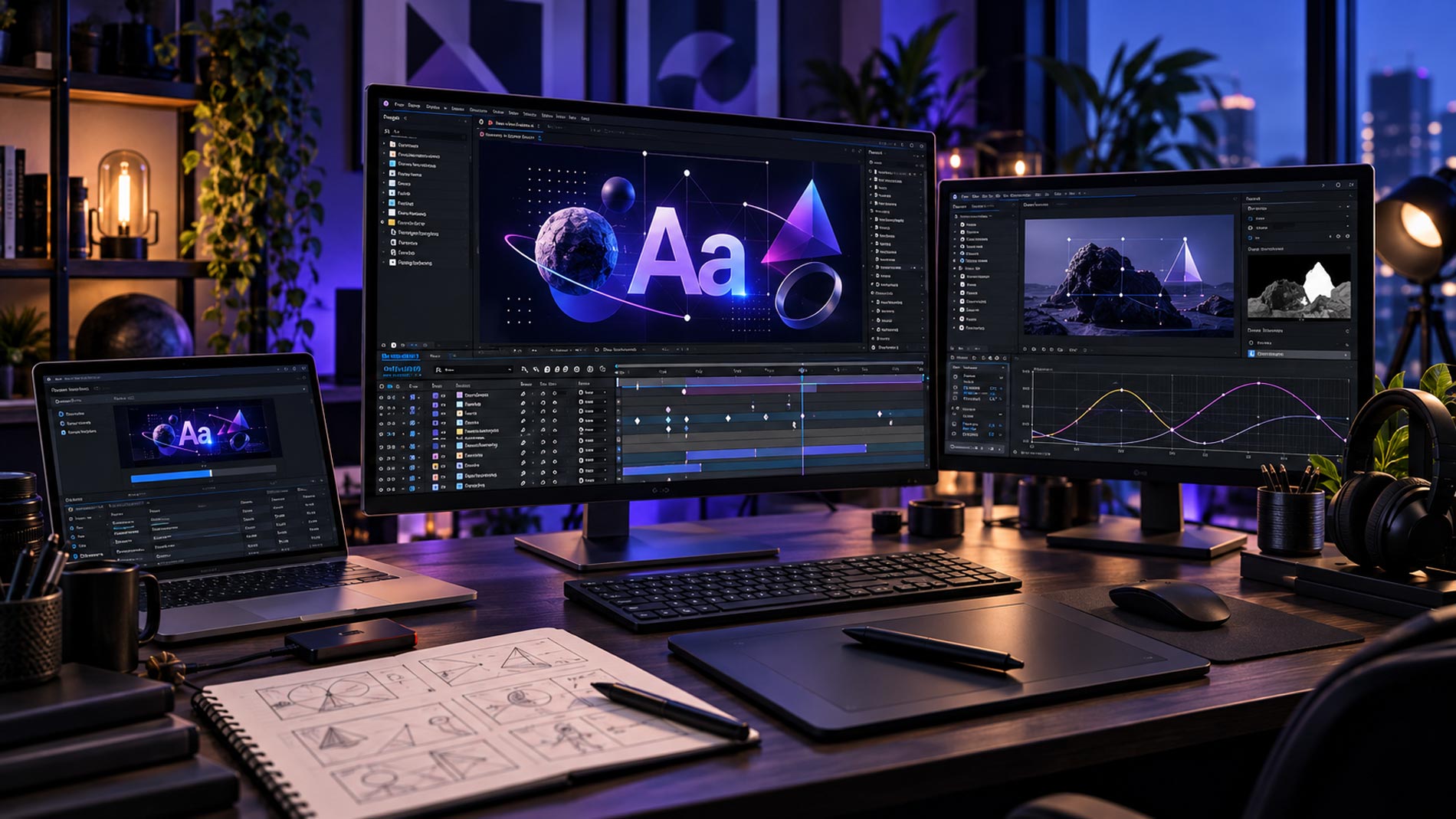 tudio de motion design avec Adobe After Effects affichant une animation finalisée, des images clés, du tracking et les réglages d’export.