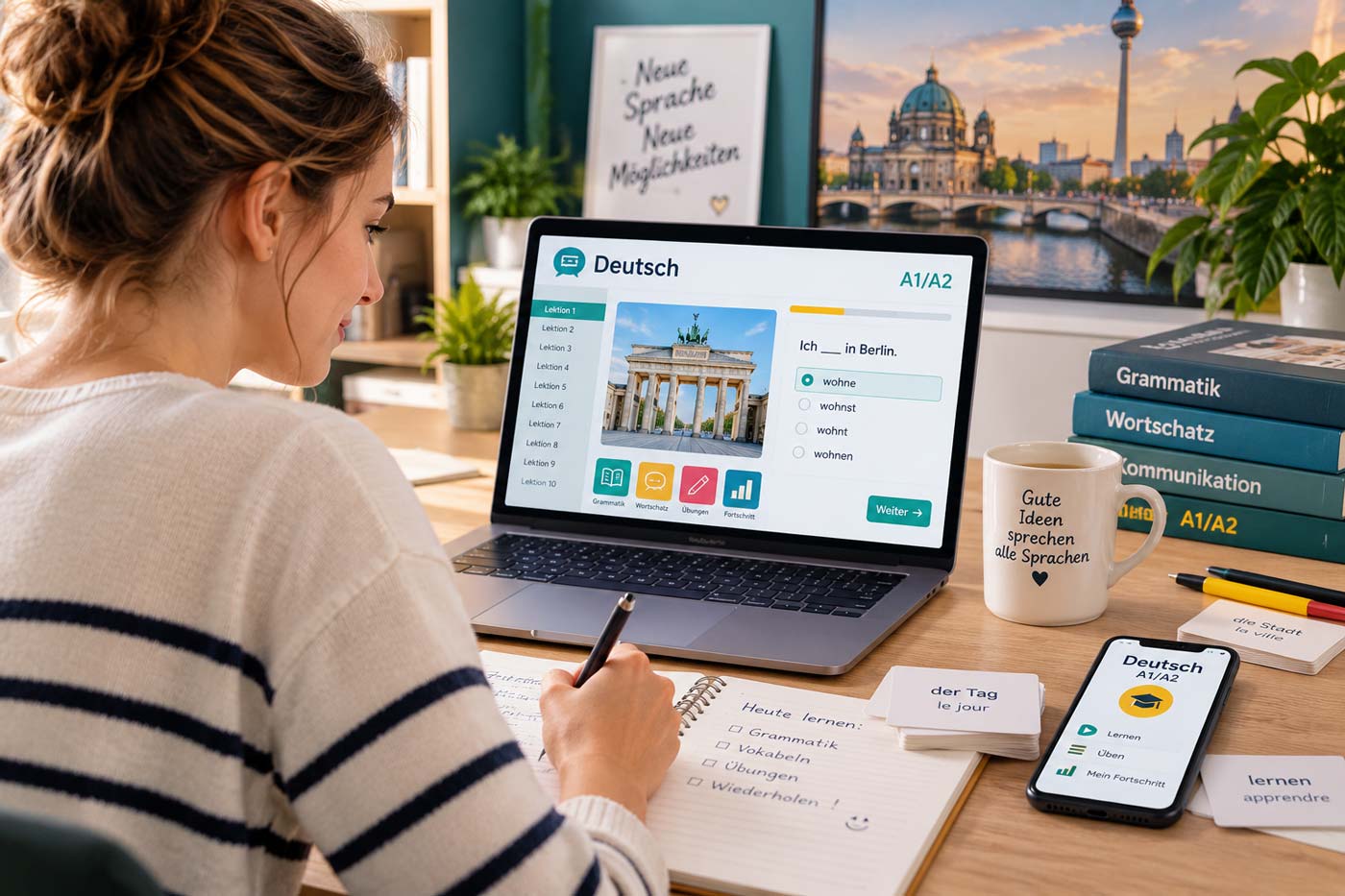 Apprenante suivant une formation d’allemand A1/A2 en ligne avec exercices de grammaire, vocabulaire et mémorisation sur ordinateur.