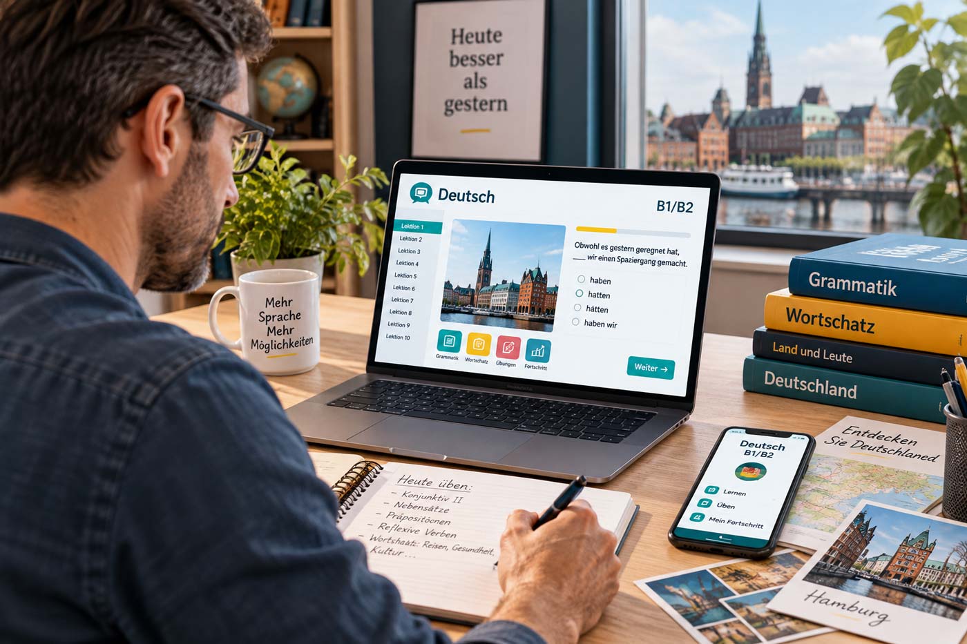 Apprenant suivant une formation d’allemand B1/B2 en ligne avec exercices de grammaire, vocabulaire et consolidation des acquis.