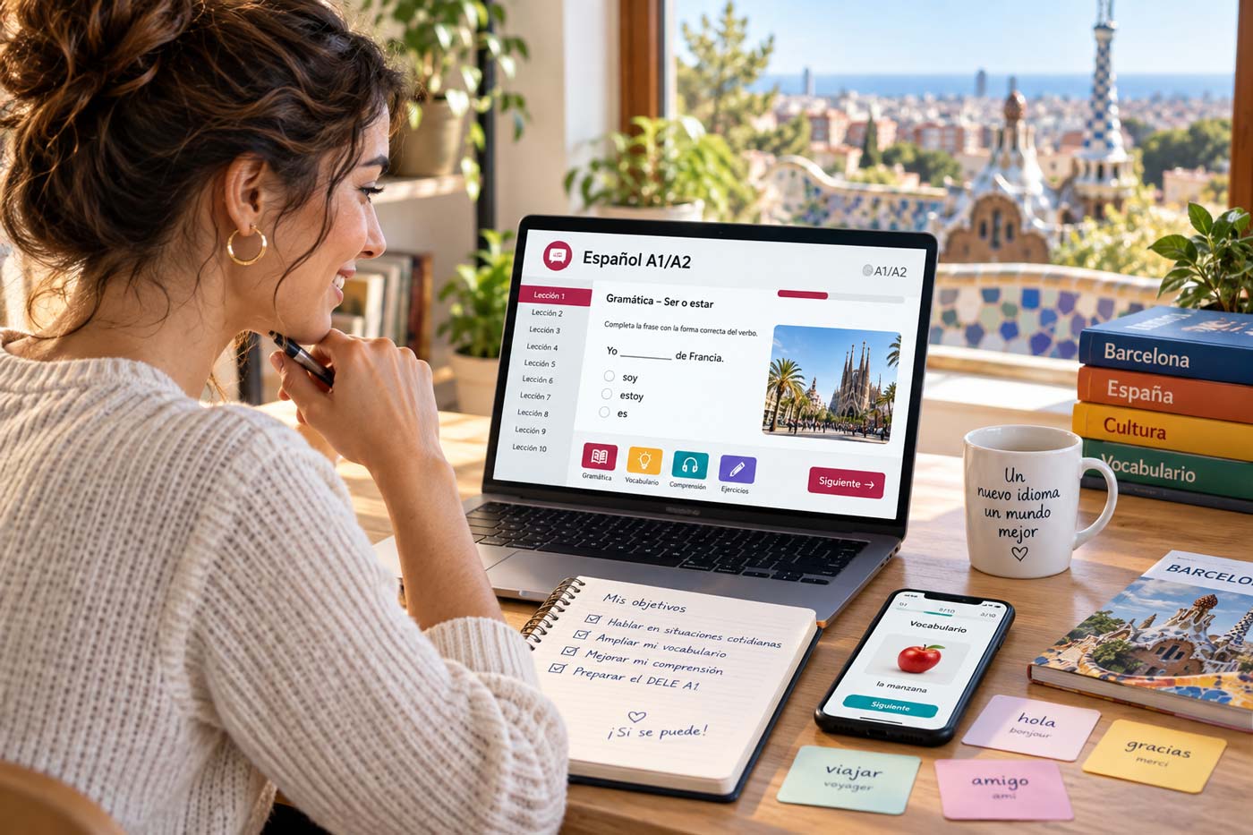 Apprenante suivant une formation d’espagnol A1/A2 en ligne avec exercices de grammaire, vocabulaire et compréhension.