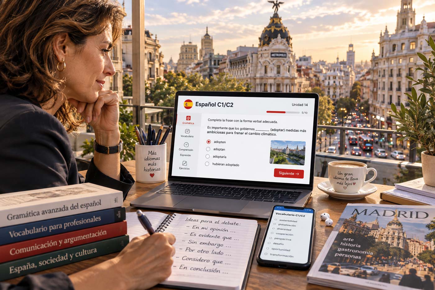 Apprenante suivant une formation d’espagnol C1/C2 en ligne avec exercices de grammaire avancée, expression et vocabulaire professionnel.
