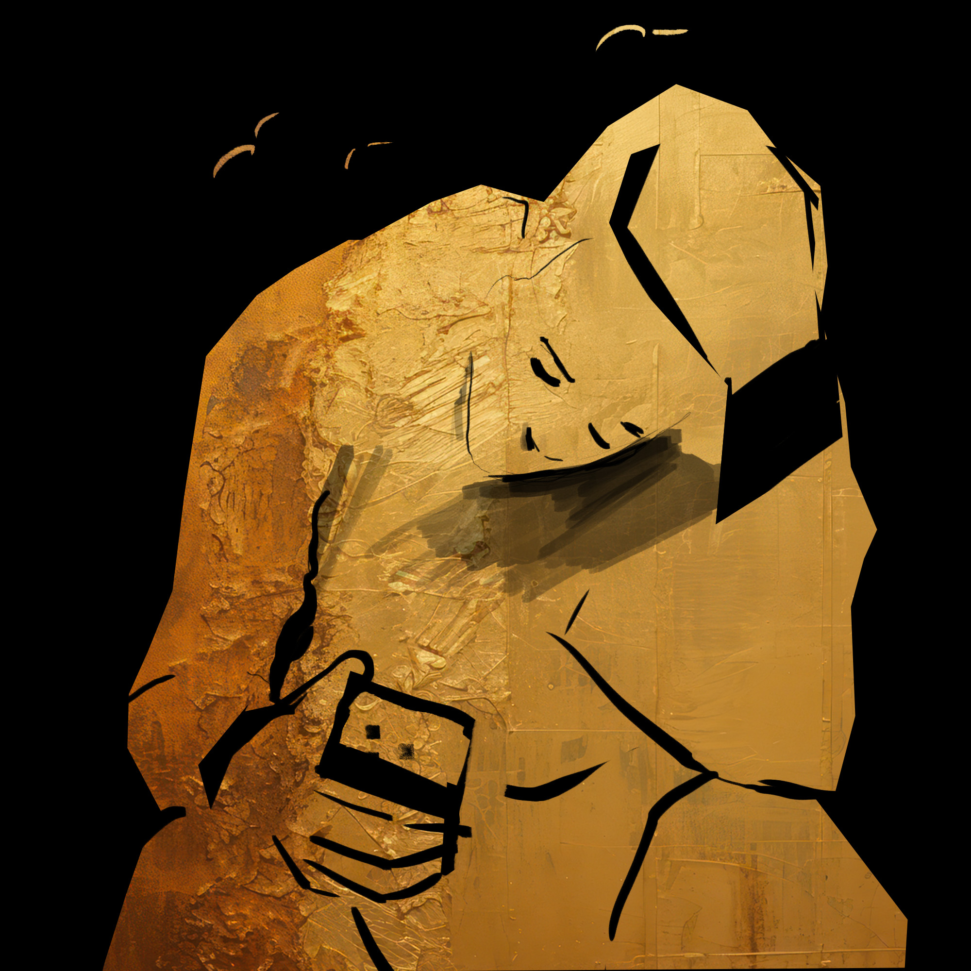 Eine Illustration in Gold die einen sitzenden jungen zeigt, der auf sein Handy sieht