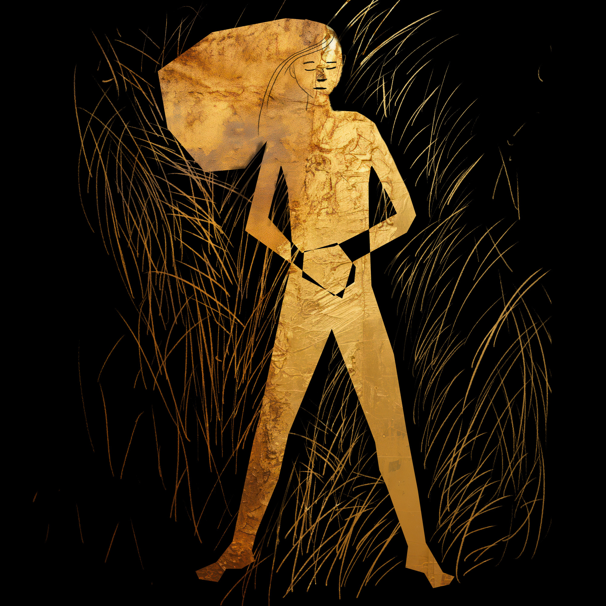 im selben stil eine frau die im gras liegt und beide hände auf ihren bauch gelegt hat