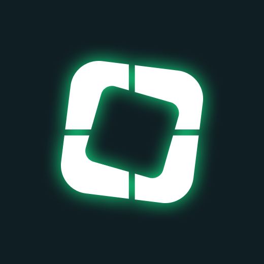 White geometric square-shaped logo with rounded corners and a glowing green outline on a dark background.