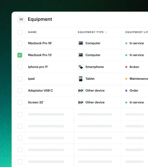 Equipment table listing items such as Macbook Pro 16’ and 13’, iPhone Pro 11’, iPad, USB C adapter, and 32’ screen with icons, types, and status indicators like In service, Broken, Maintenance, and Order.