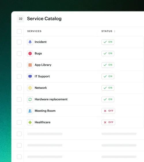 Service catalog table listing services like Incident, Bugs, App Library, IT Support, Network, Hardware replacement, Meeting Room, and Healthcare with their status toggled on or off.