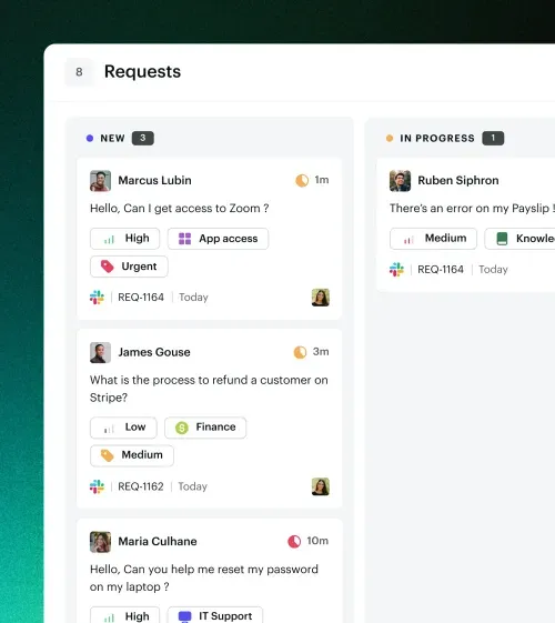 Dashboard showing request tickets with status new and in progress, including user names, request details, priorities, categories, and timestamps.