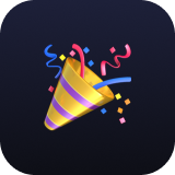 Party popper emitting colorful confetti and streamers on a dark gradient background.