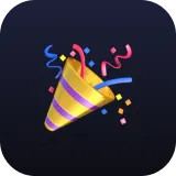 Party popper emitting colorful confetti and streamers on a dark gradient background.