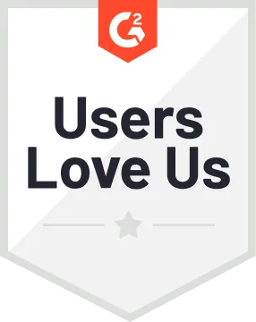 G2 Users Love Us badge with orange G2 logo on top and a gray star at the bottom.