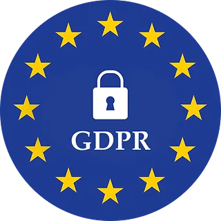 GDPR symbol with a white padlock in the center surrounded by twelve yellow stars on a blue circular background.