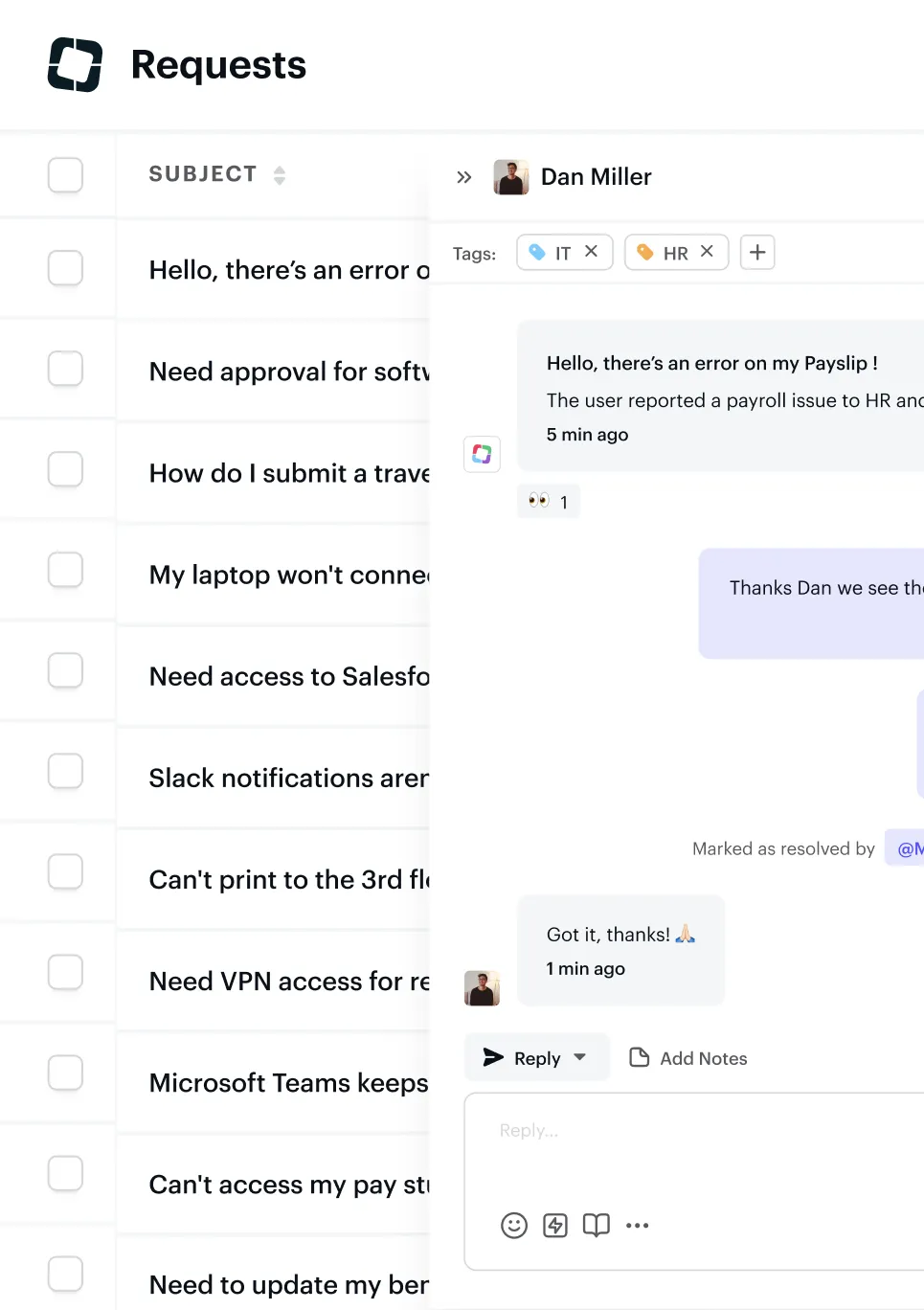 User interface showing a list of requests with subjects like software approval, travel submission, and laptop issues, alongside a conversation about a payroll error tagged IT and HR.