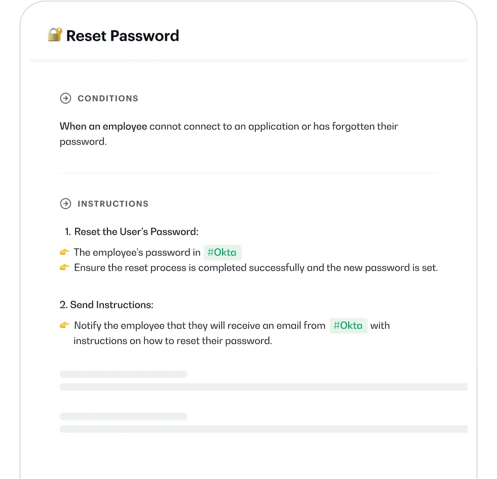 Reset Password instructions detailing conditions when an employee cannot access an application or forgot their password, and step-by-step instructions to reset the password in Okta and notify the employee.