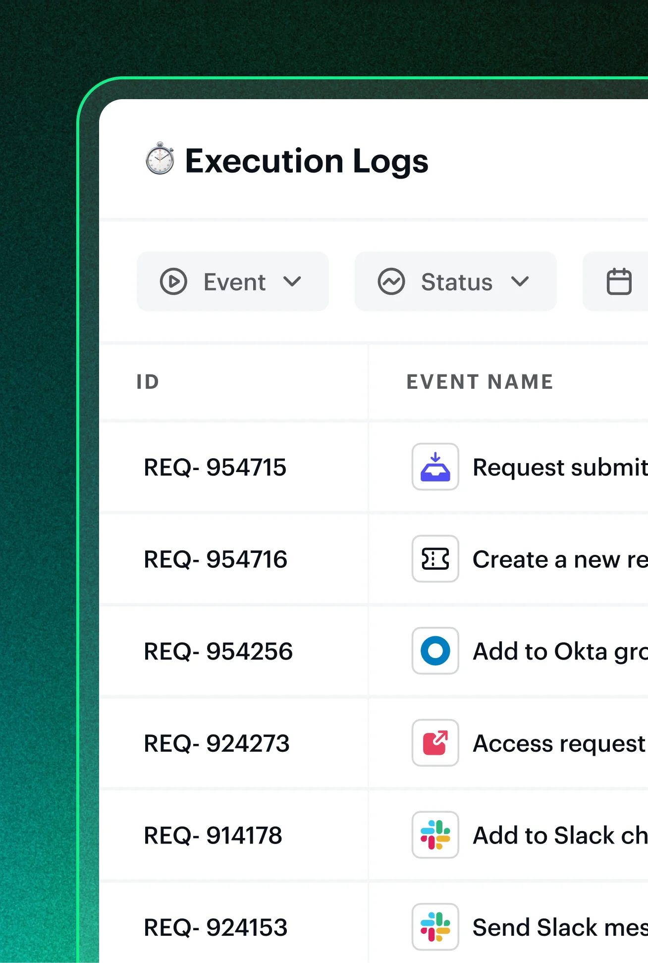 Interface screenshot showing execution logs with columns for ID and event name, including events like request submission, creating new request, adding to Okta group, access request, and Slack actions.