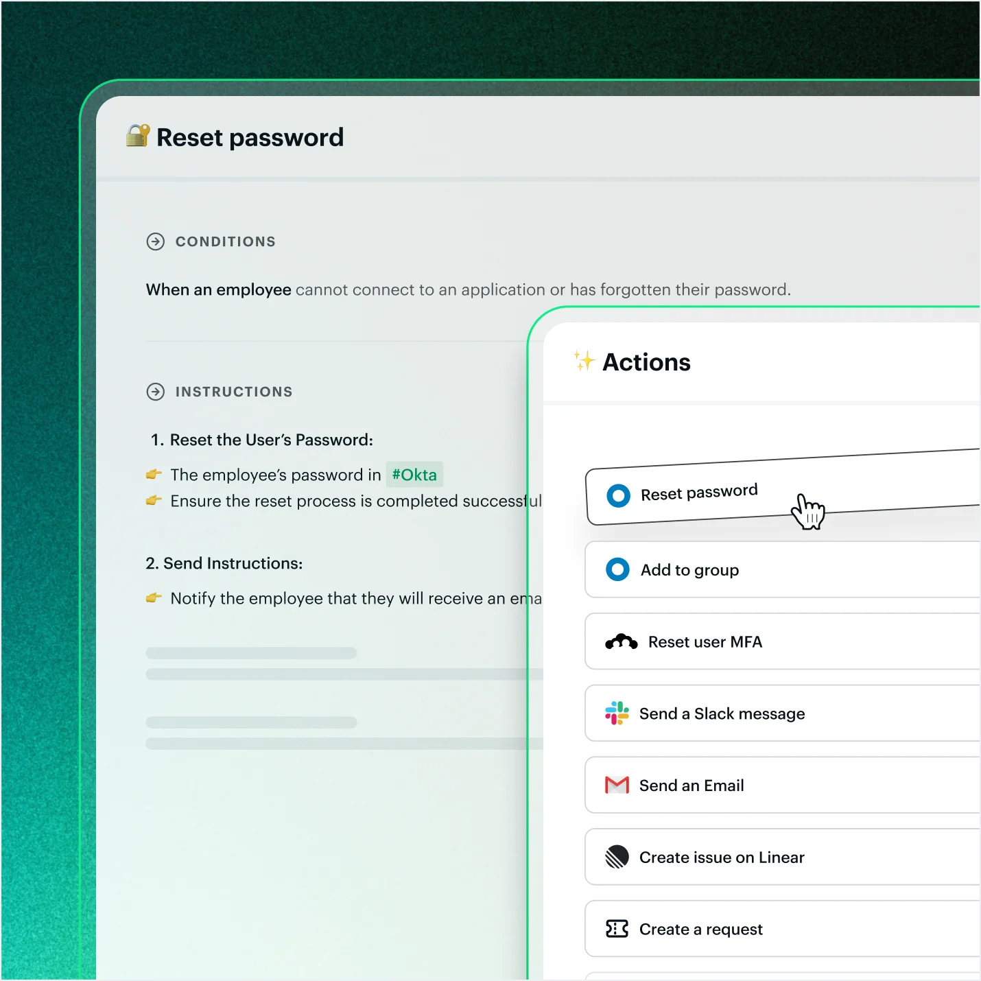 User interface showing instructions to reset an employee's password in Okta with options to reset password, add to group, reset user MFA, send Slack message or email, and create issues or requests.