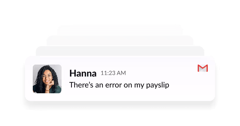 Email preview from Hanna sent at 11:23 AM with the message: There's an error on my payslip.