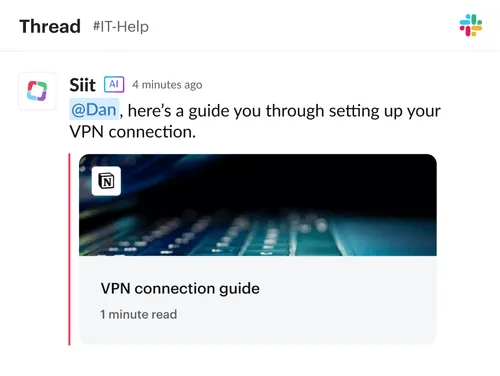 Slack message from Siit AI to Dan with a link preview titled 'VPN connection guide' showing a blurred close-up of a keyboard.