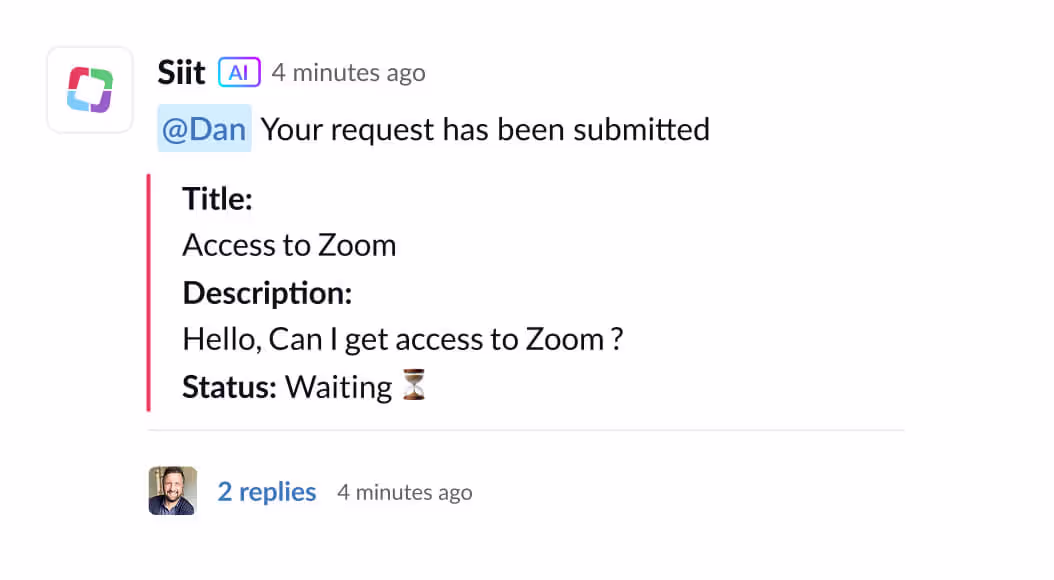 Chat message from Siit AI to Dan stating the request has been submitted with title 'Access to Zoom', description asking for Zoom access, and status waiting with hourglass emoji.
