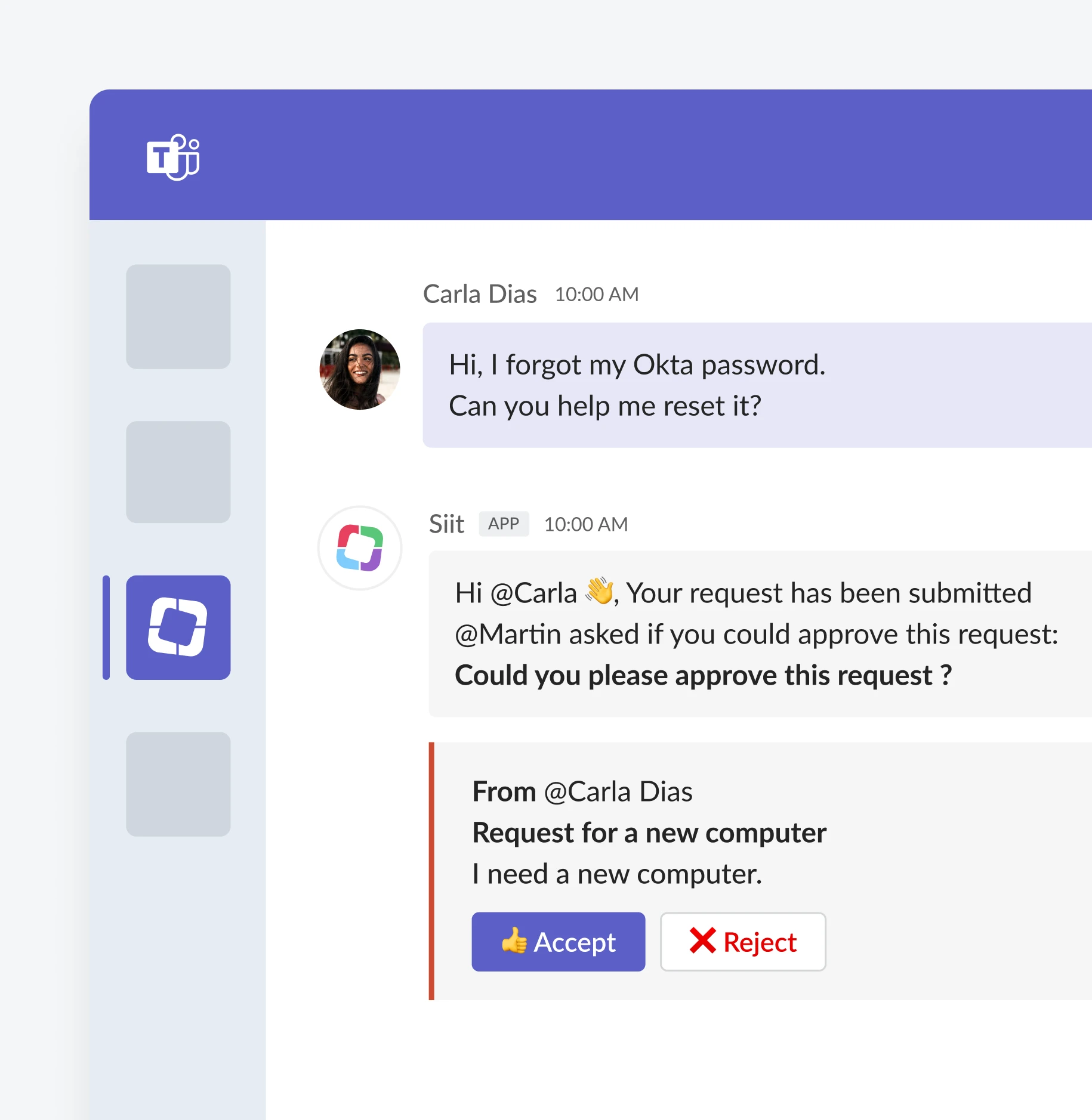 Microsoft Teams chat where Carla Dias asks for help resetting her Okta password, and the Siit app confirms the request and asks for approval on Carla’s new computer request with Accept and Reject buttons.
