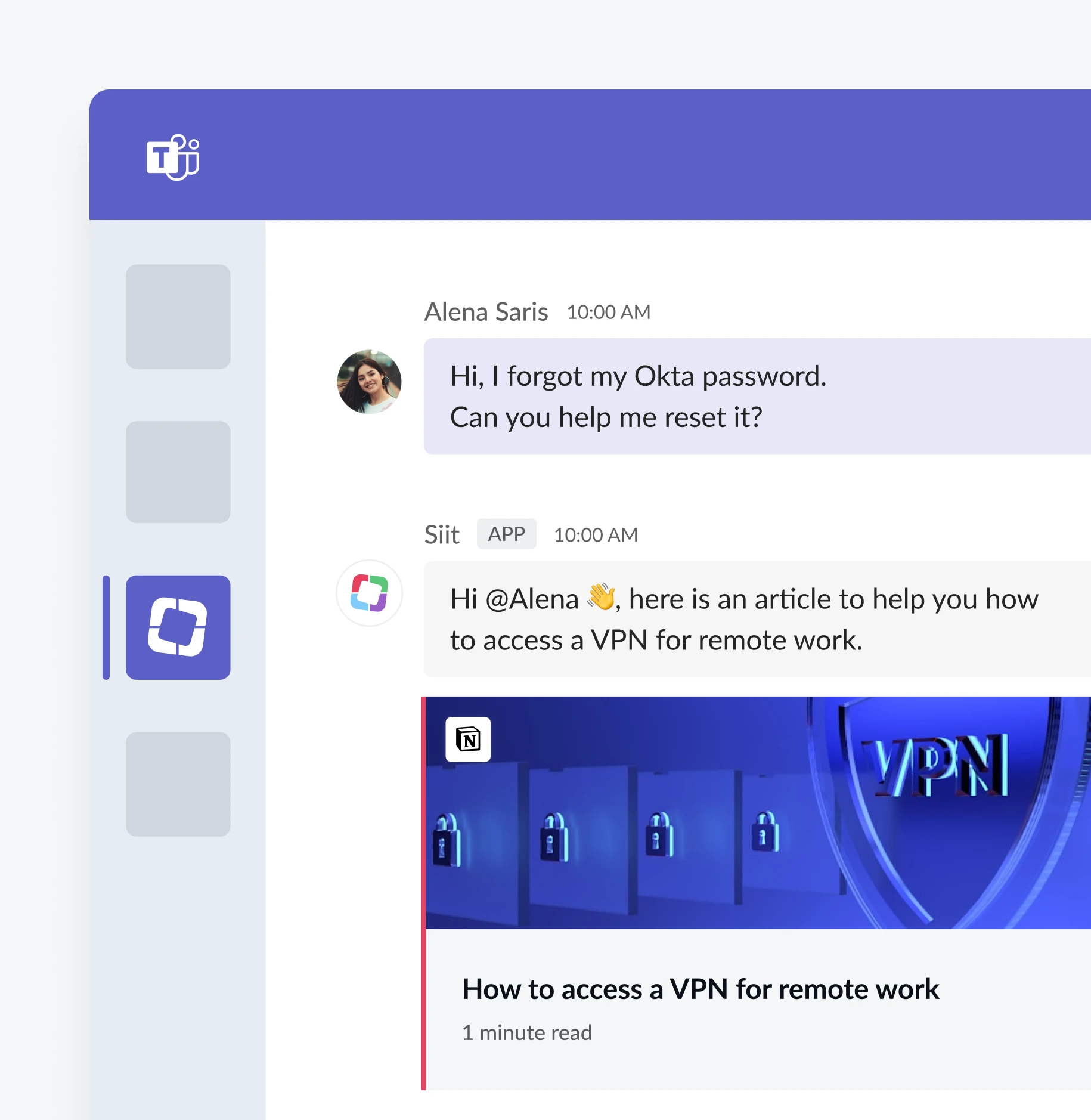 Microsoft Teams chat showing a user asking for help resetting Okta password and an app sending an article link titled 'How to access a VPN for remote work' with security lock icons and a VPN shield graphic.