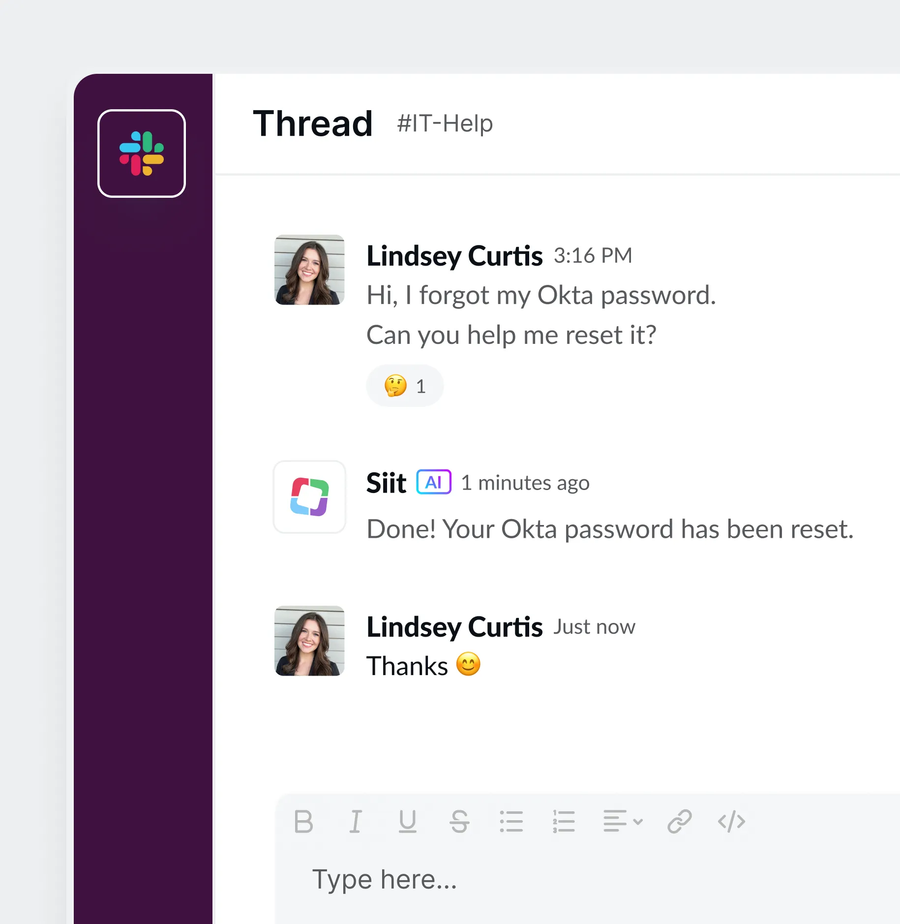 Slack chat thread in #IT-Help where Lindsey Curtis asks for help resetting her Okta password, Siit AI confirms the reset, and Lindsey thanks with a smile emoji.
