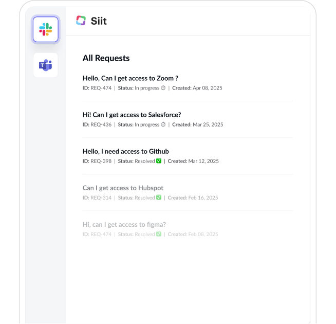 Siit app interface showing all user requests for access to tools like Zoom, Salesforce, and Github, with request IDs, status, and creation dates.