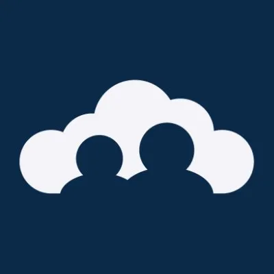 White cloud icon with two person silhouettes in front on a dark blue background.