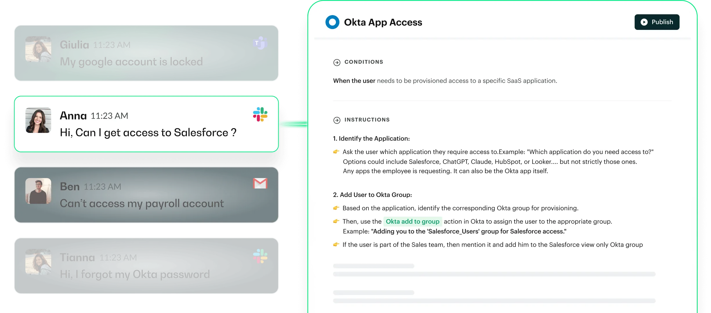 Chat messages about account access linked to Okta App Access instructions for Salesforce and user provisioning.