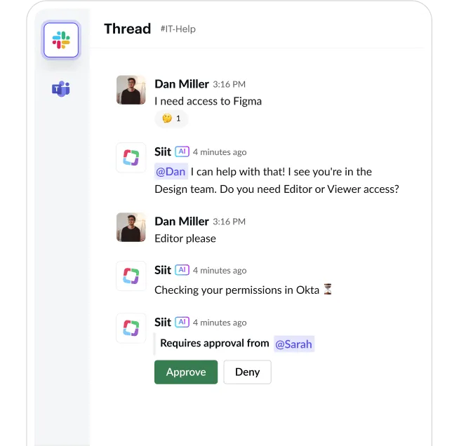 Chat thread where Dan requests Figma access and AI bot asks for approval from Sarah, with Approve and Deny buttons.