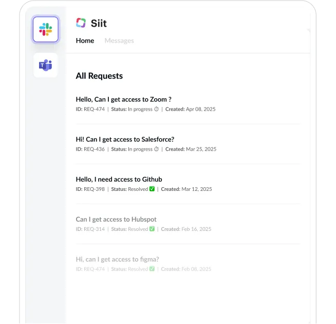 Dashboard showing access requests with statuses for Zoom, Salesforce, Github, Hubspot, and Figma.